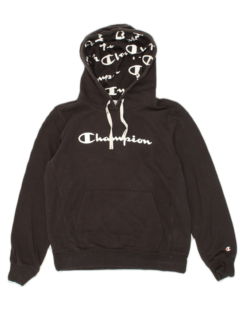 CHAMPION Womens Graphic Hoodie Jumper UK 14 Large Black Cotton | Vintage Champion | Thrift | Second-Hand Champion | Used Clothing | Messina Hembry 