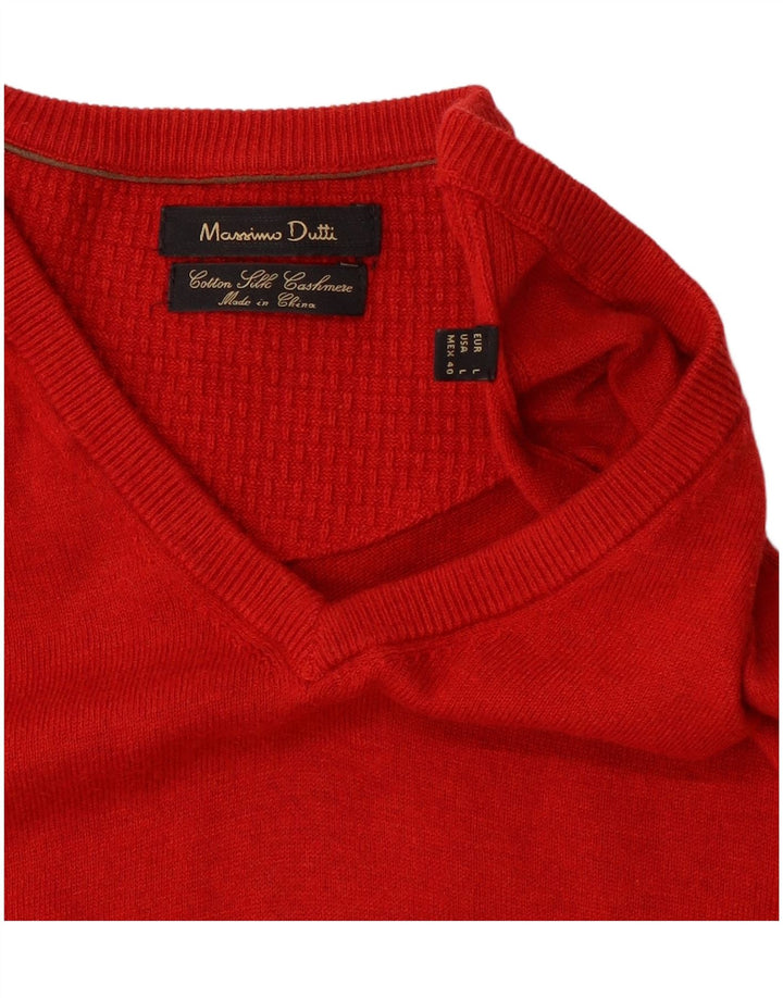 Massimo Dutti Mens V-Neck Jumper Sweater Large Red Colourblock Silk