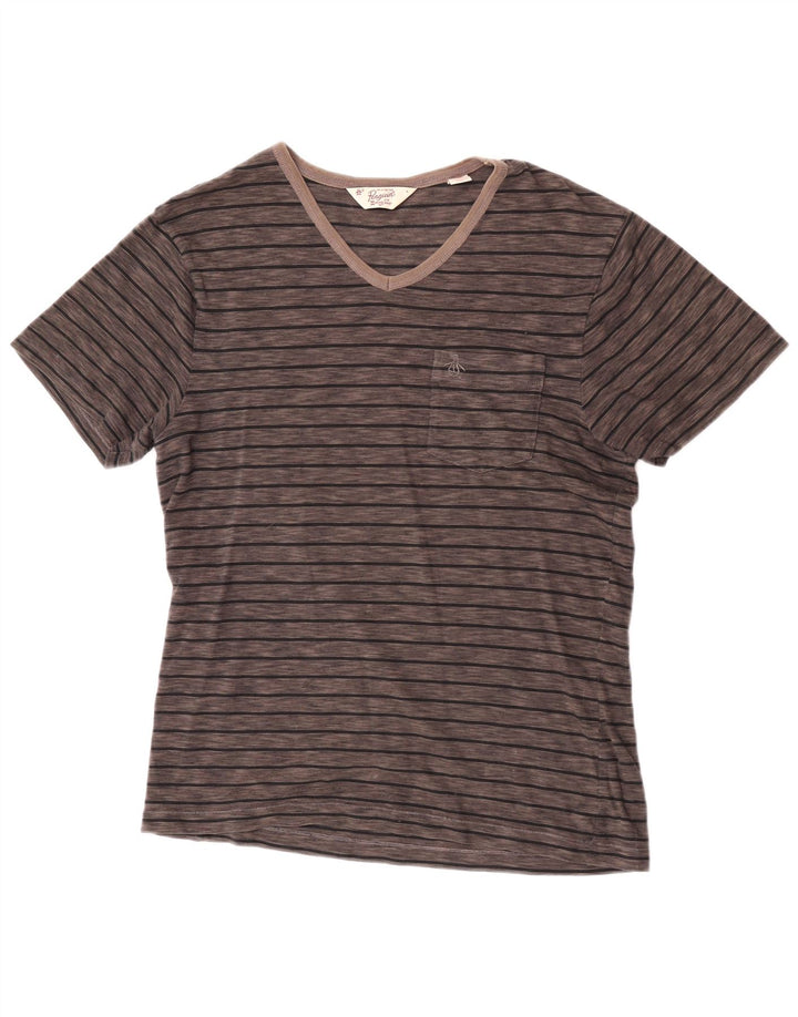 Penguin Mens T-Shirt Top Large Brown Striped