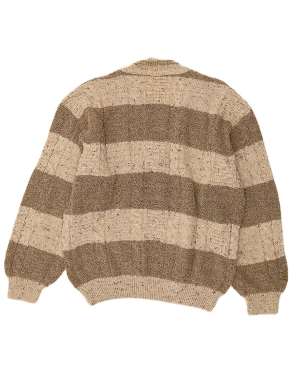 Vintage Mens V-Neck Jumper Sweater Large Brown Striped Wool