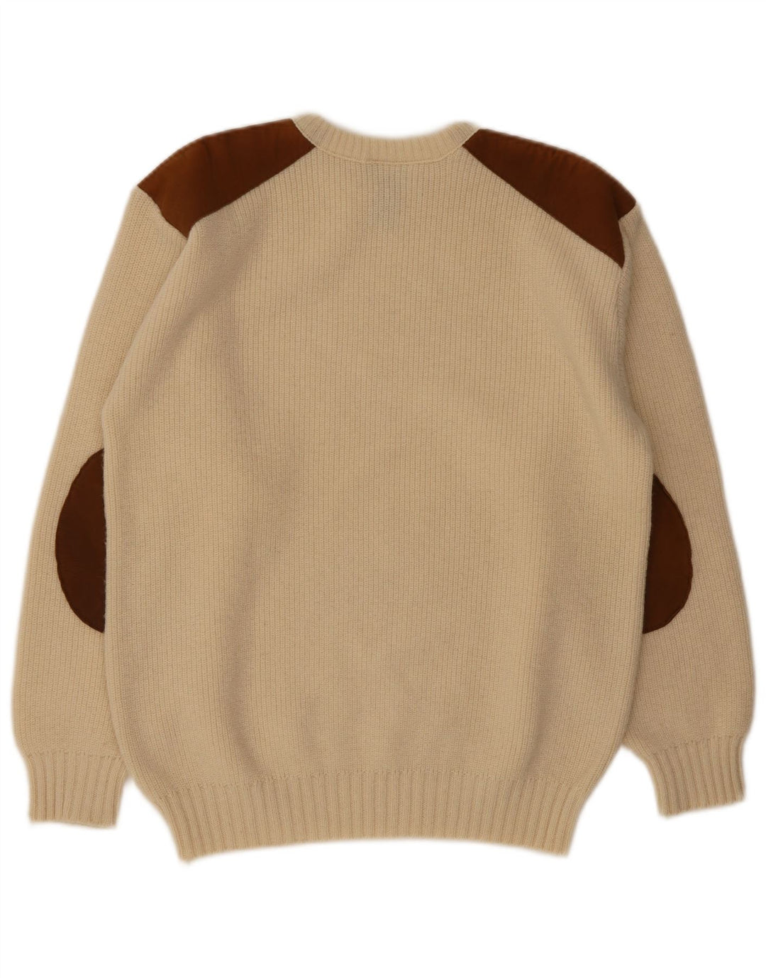 Vintage Mens Crew Neck Jumper Sweater Medium Beige Colourblock Wool