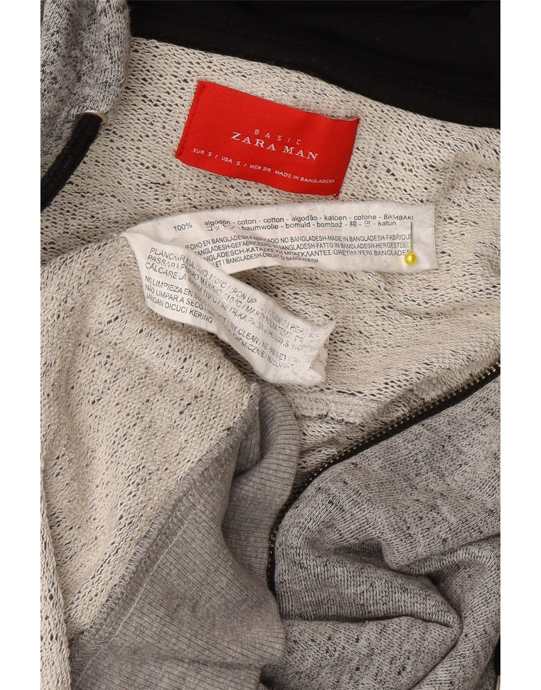 Zara Mens Zip Hoodie Sweater Small Grey Flecked Cotton