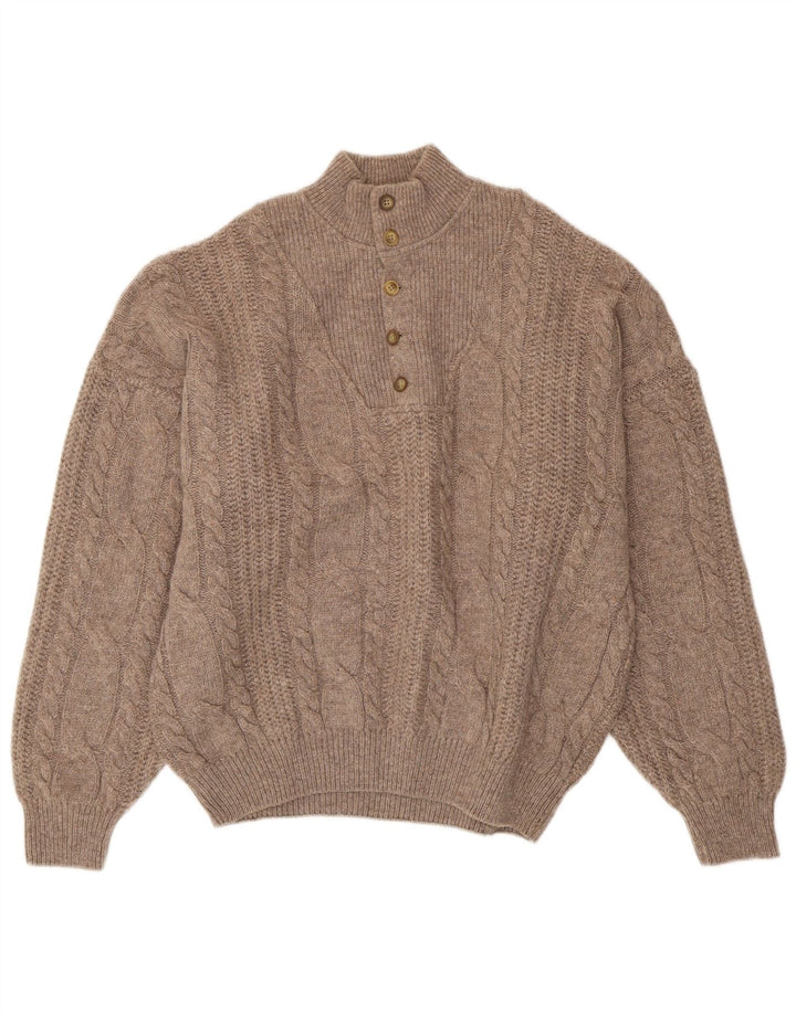 Vintage Mens Button Neck Jumper Sweater XL Brown Wool
