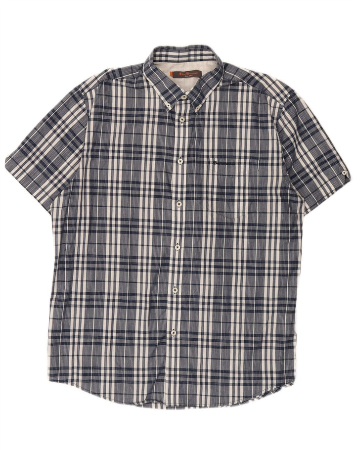 Ben Sherman Mens Short Sleeve Shirt XL Navy Blue Check Cotton