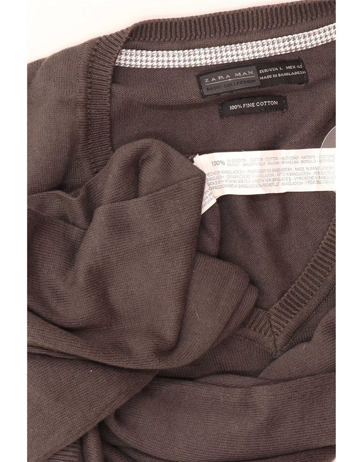 Zara Mens V-Neck Jumper Sweater Large Grey Cotton