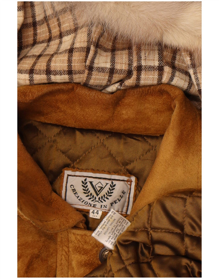 Vintage Womens Hooded Suede Parka Jacket IT 44 Medium Brown Leather Winter