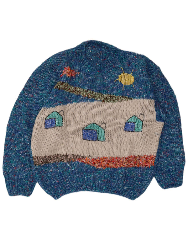 Vintage Womens Graphic Crew Neck Jumper Sweater UK 16 Large Blue Flecked