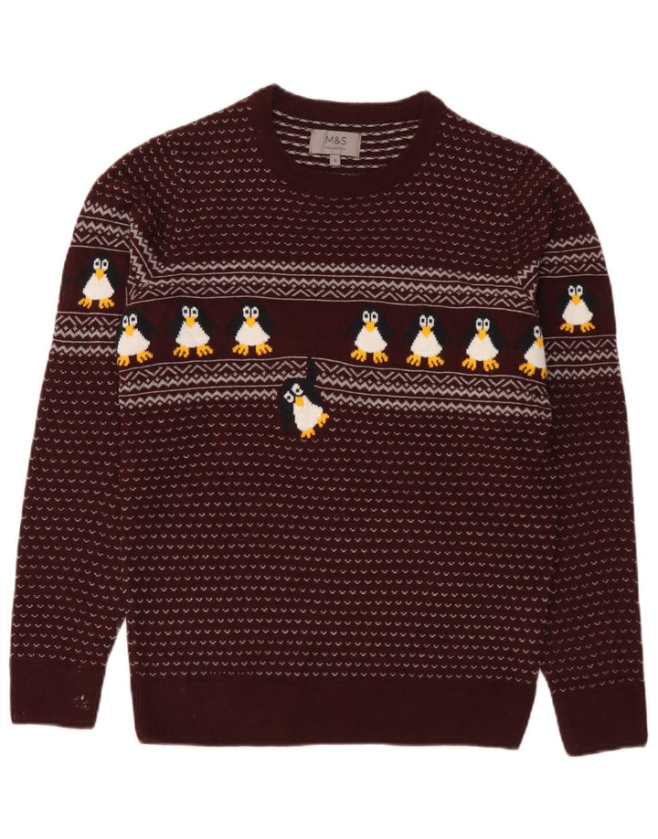 Marks & Spencer Mens Crew Neck Jumper Sweater Small Burgundy Fair Isle