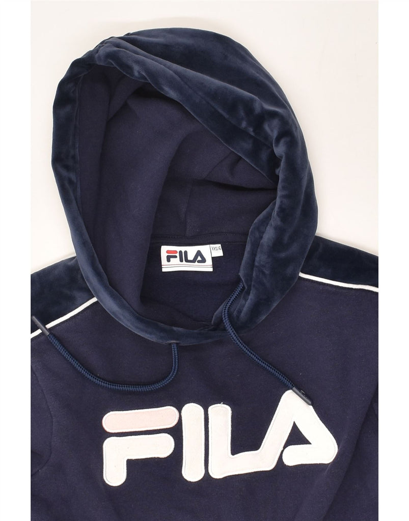 FILA Womens Oversized Graphic Hoodie Jumper UK 0 2XS Navy Blue Cotton | Vintage Fila | Thrift | Second-Hand Fila | Used Clothing | Messina Hembry 