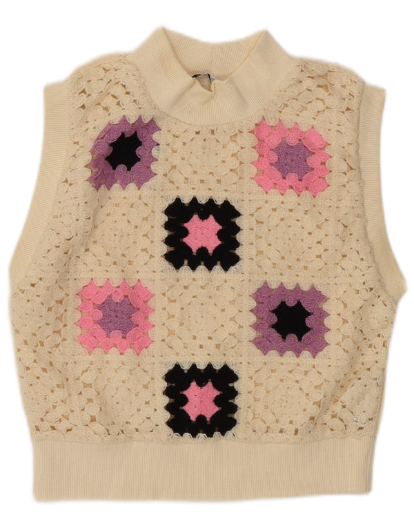 Zara Womens Vest Tank Top UK 12 Medium Off White Geometric Acrylic