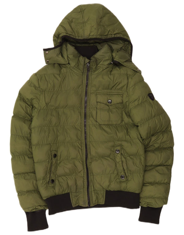 Vintage Womens Hooded Padded Jacket UK 16 Large Green Colourblock Nylon
