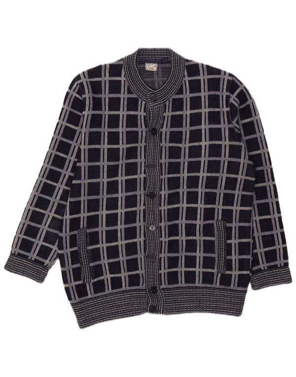 Vintage Mens Cardigan Sweater Medium Navy Blue Plaid Wool