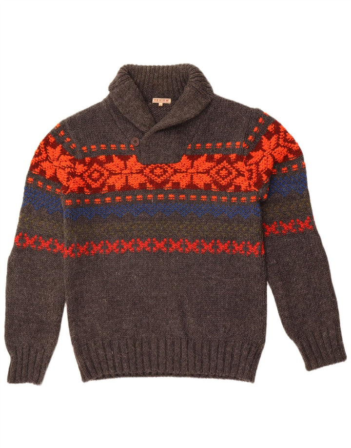 Review Mens Shawl Neck Jumper Sweater Medium Grey Fair Isle Polyacrylic