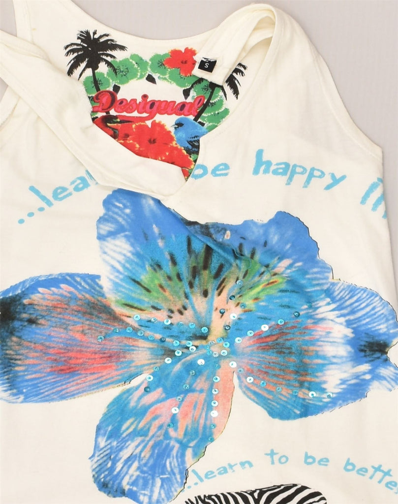 DESIGUAL Womens Graphic Tunic Top UK 8 Small White Floral Cotton | Vintage Desigual | Thrift | Second-Hand Desigual | Used Clothing | Messina Hembry 