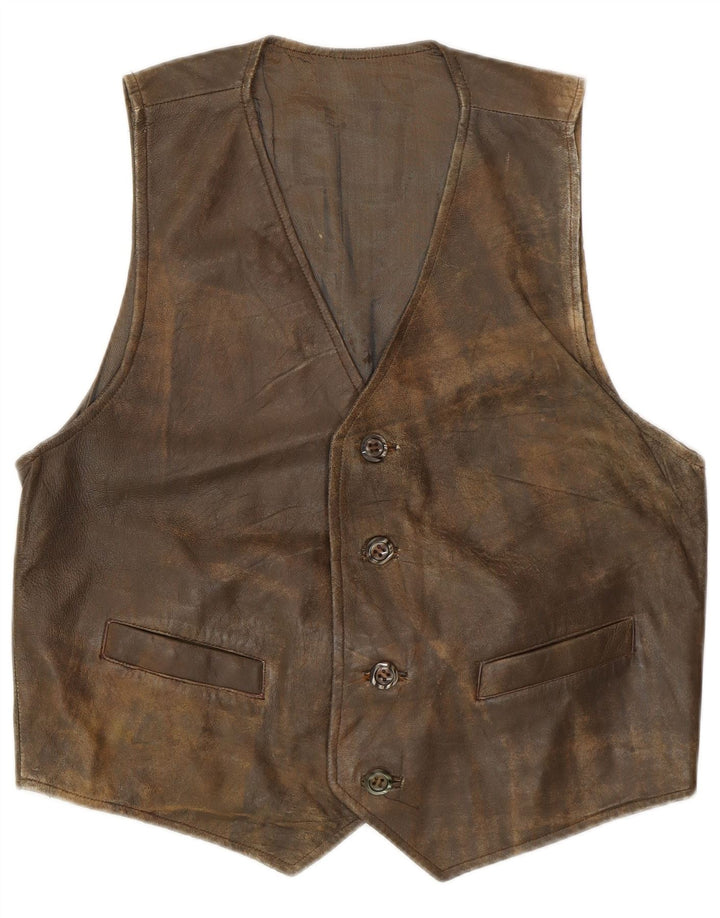Vintage Mens Leather Waistcoat Medium Green Leather Retro