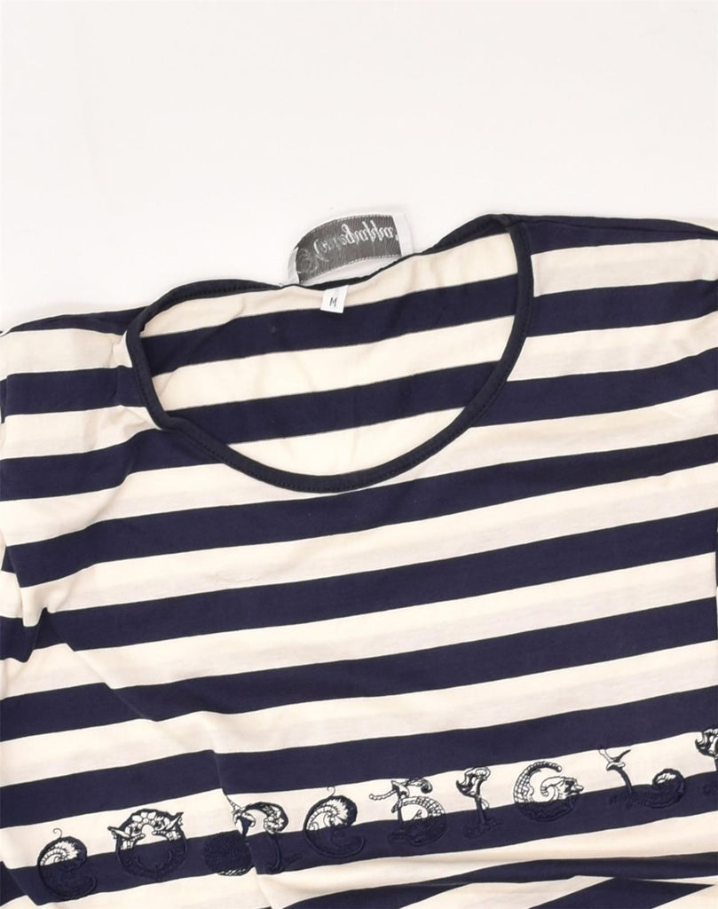 VINTAGE Womens Graphic T-Shirt Top UK 14 Medium Navy Blue Striped Cotton | Vintage Vintage | Thrift | Second-Hand Vintage | Used Clothing | Messina Hembry 