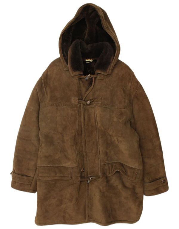 VINTAGE Mens Hooded Shearling Overcoat IT 50 Large Khaki Shearling
