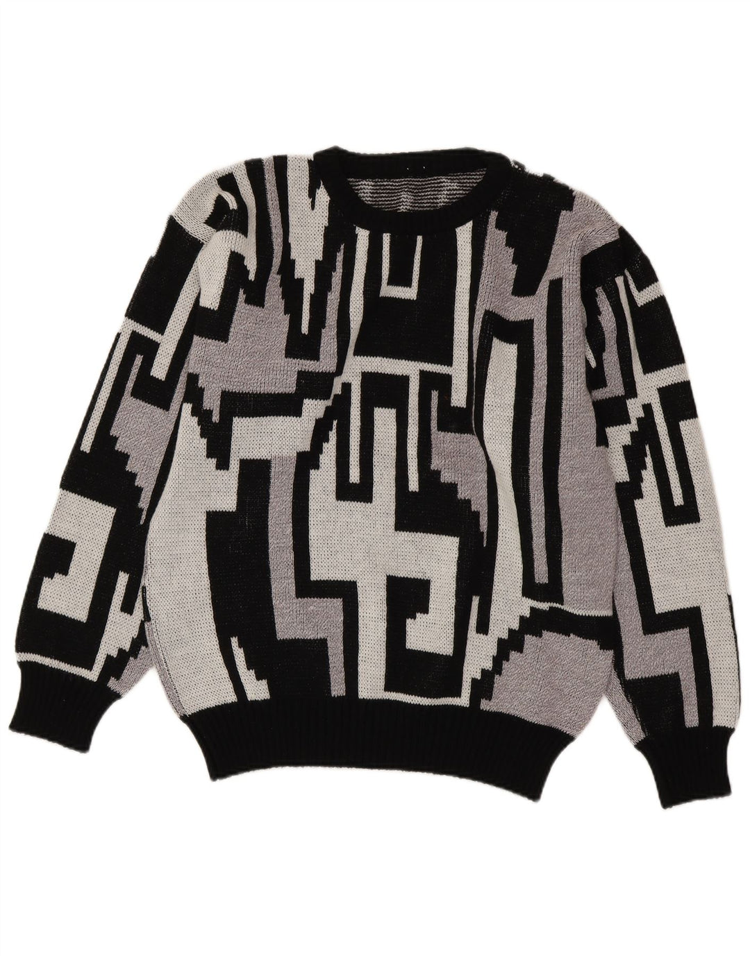 Vintage Mens Crew Neck Jumper Sweater Medium Grey Geometric