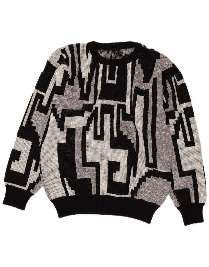 Vintage Mens Crew Neck Jumper Sweater Medium Grey Geometric