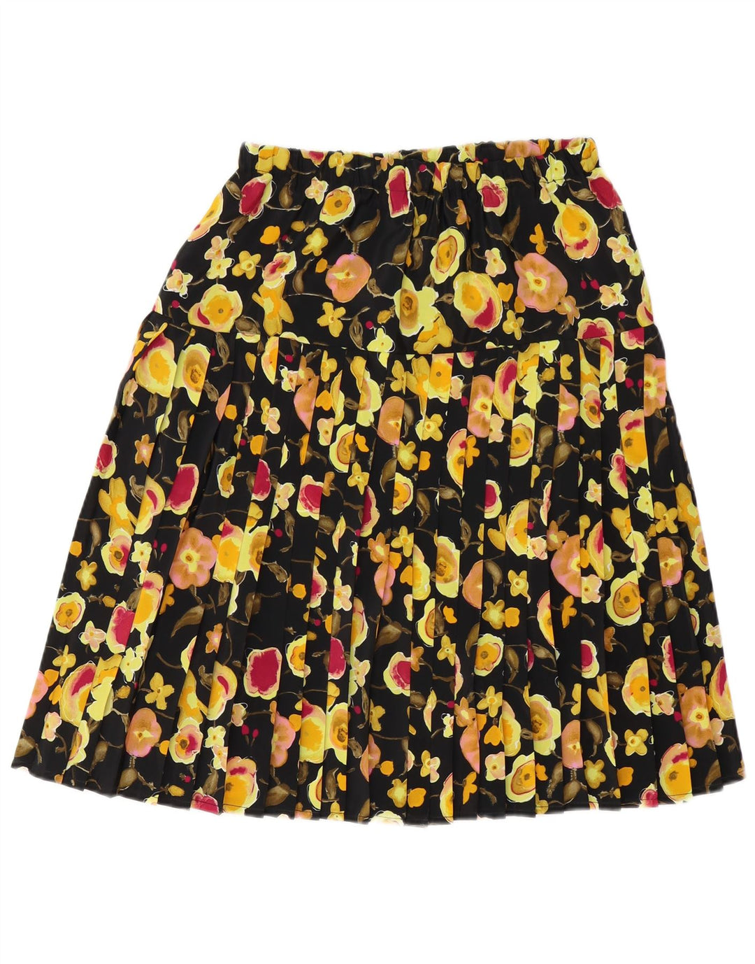 Vintage Womens Pleated Skirt Medium W30 Black Floral Polyester
