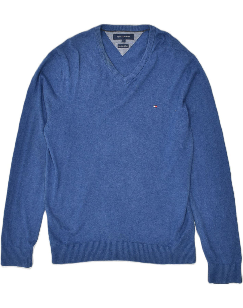 TOMMY HILFIGER Mens V-Neck Jumper Sweater Large Blue Cotton | Vintage Tommy Hilfiger | Thrift | Second-Hand Tommy Hilfiger | Used Clothing | Messina Hembry 