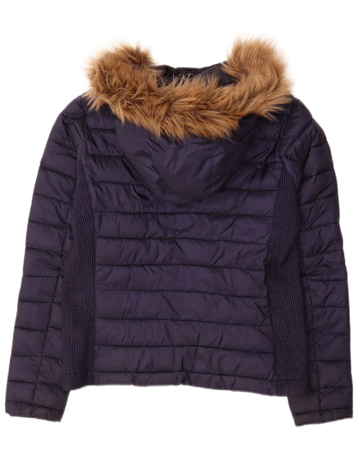 SUPERDRY Womens Hooded Padded Jacket UK 14 Medium Navy Blue Polyester