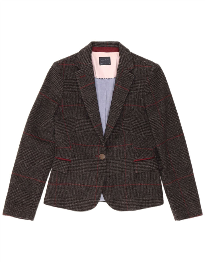 Zara Womens 1 Button Blazer Jacket UK 10 Small Grey Houndstooth Wool