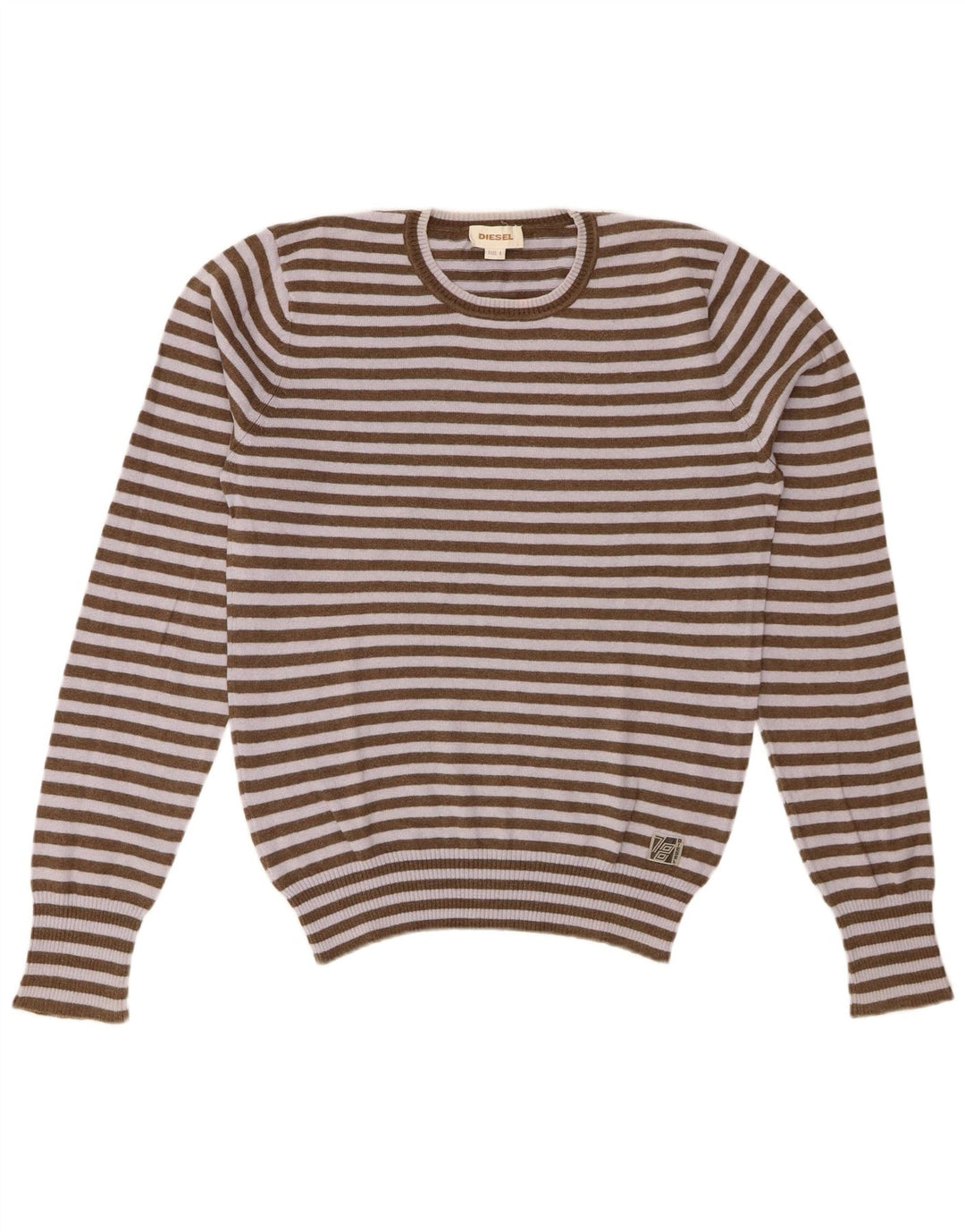 DIESEL Womens Crew Neck Jumper Sweater UK 16 Large Khaki Striped Cotton