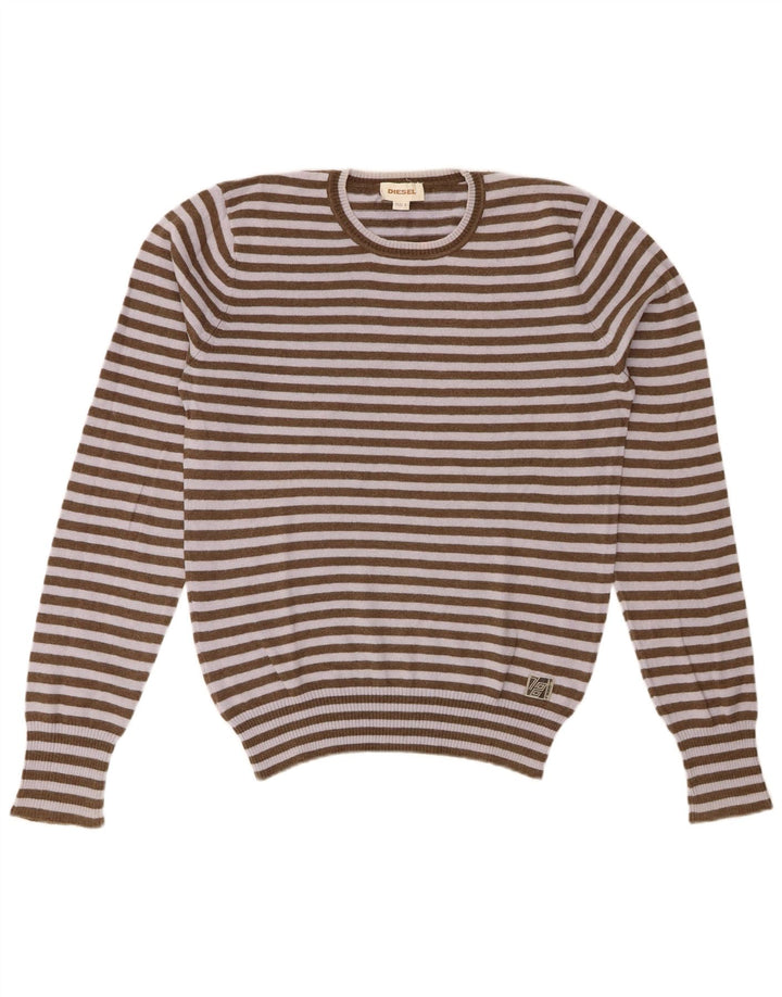 DIESEL Womens Crew Neck Jumper Sweater UK 16 Large Khaki Striped Cotton