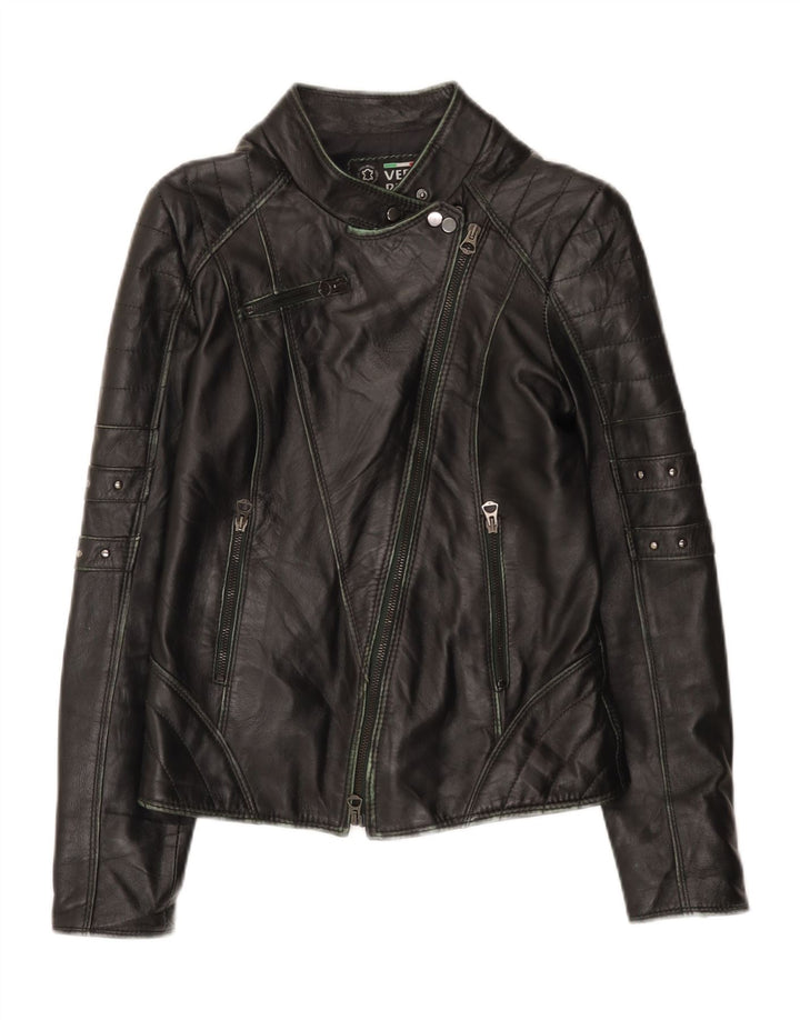 Vintage Womens Leather Biker Jacket IT 44 Medium Black Leather