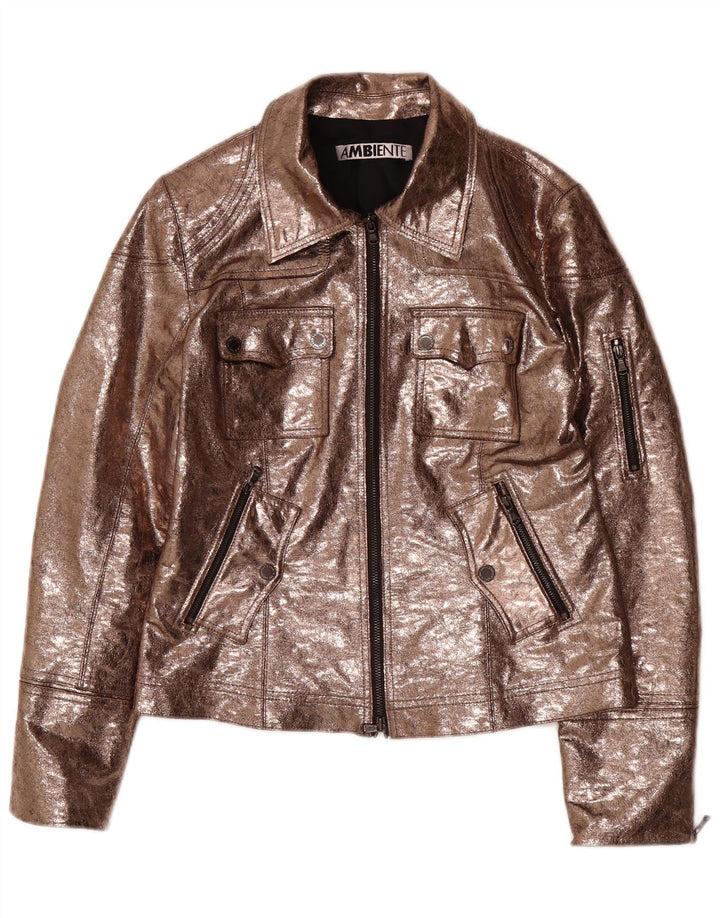 AMBIENTE Womens Faux Leather Utility Jacket UK 14 Large Brown Polyester