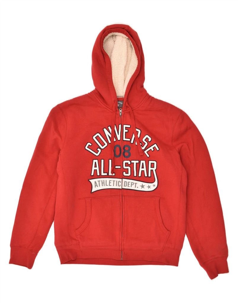 CONVERSE Mens Graphic Sherpa Zip Hoodie Sweater Medium Red Cotton | Vintage Converse | Thrift | Second-Hand Converse | Used Clothing | Messina Hembry 