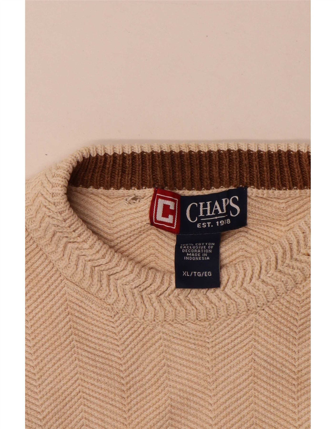 Chaps Mens Crew Neck Jumper Sweater XL Beige Herringbone Cotton