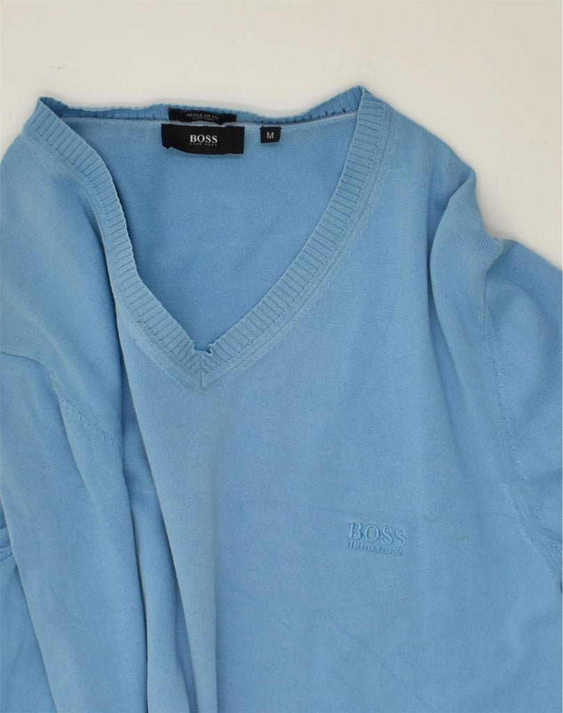 HUGO BOSS Mens V-Neck Jumper Sweater Medium Blue Cotton | Vintage Hugo Boss | Thrift | Second-Hand Hugo Boss | Used Clothing | Messina Hembry 