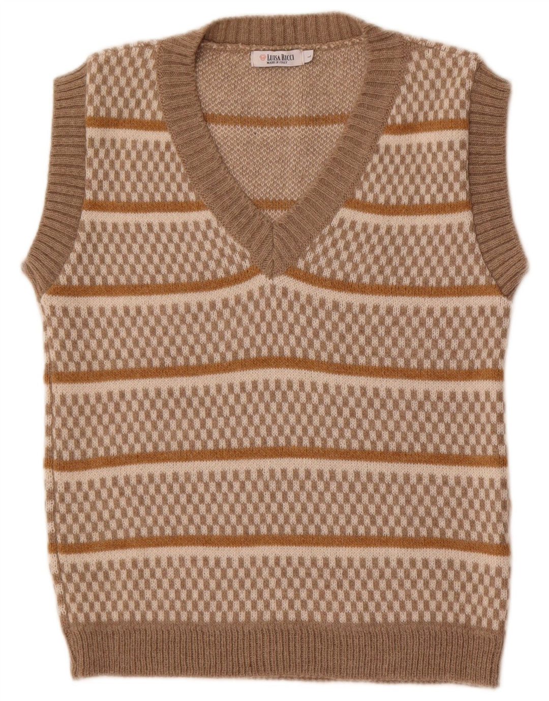 Vintage Womens Vest Tank Top UK 14 Large Beige Striped Acrylic