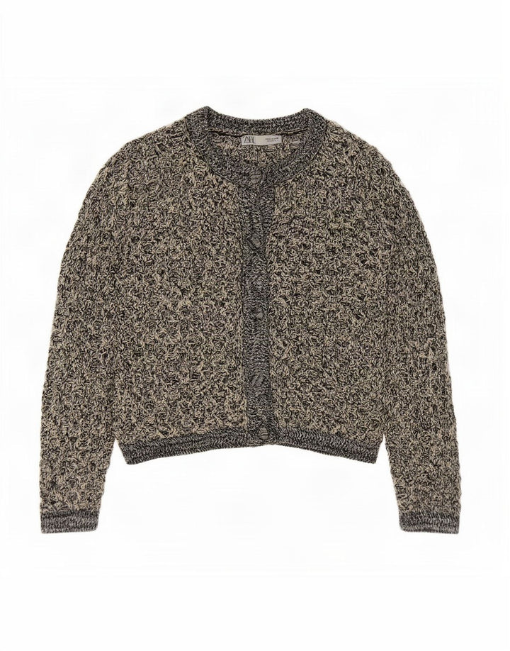 Zara Womens Crochet Cardigan Sweater UK 14 Medium Black Flecked Polyester