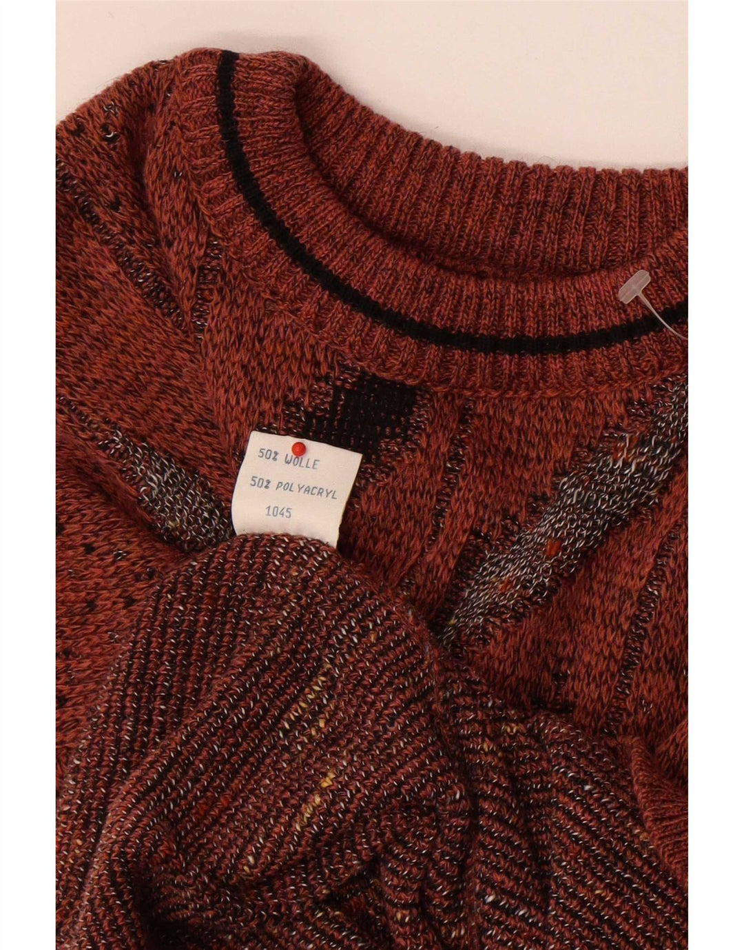 Vintage Mens Crew Neck Jumper Sweater IT 50 Medium Brown Geometric Wool