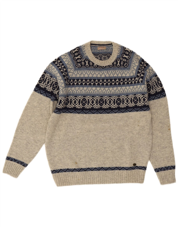 Bramante Mens Crew Neck Jumper Sweater IT 50 Medium Grey Fair Isle New Wool