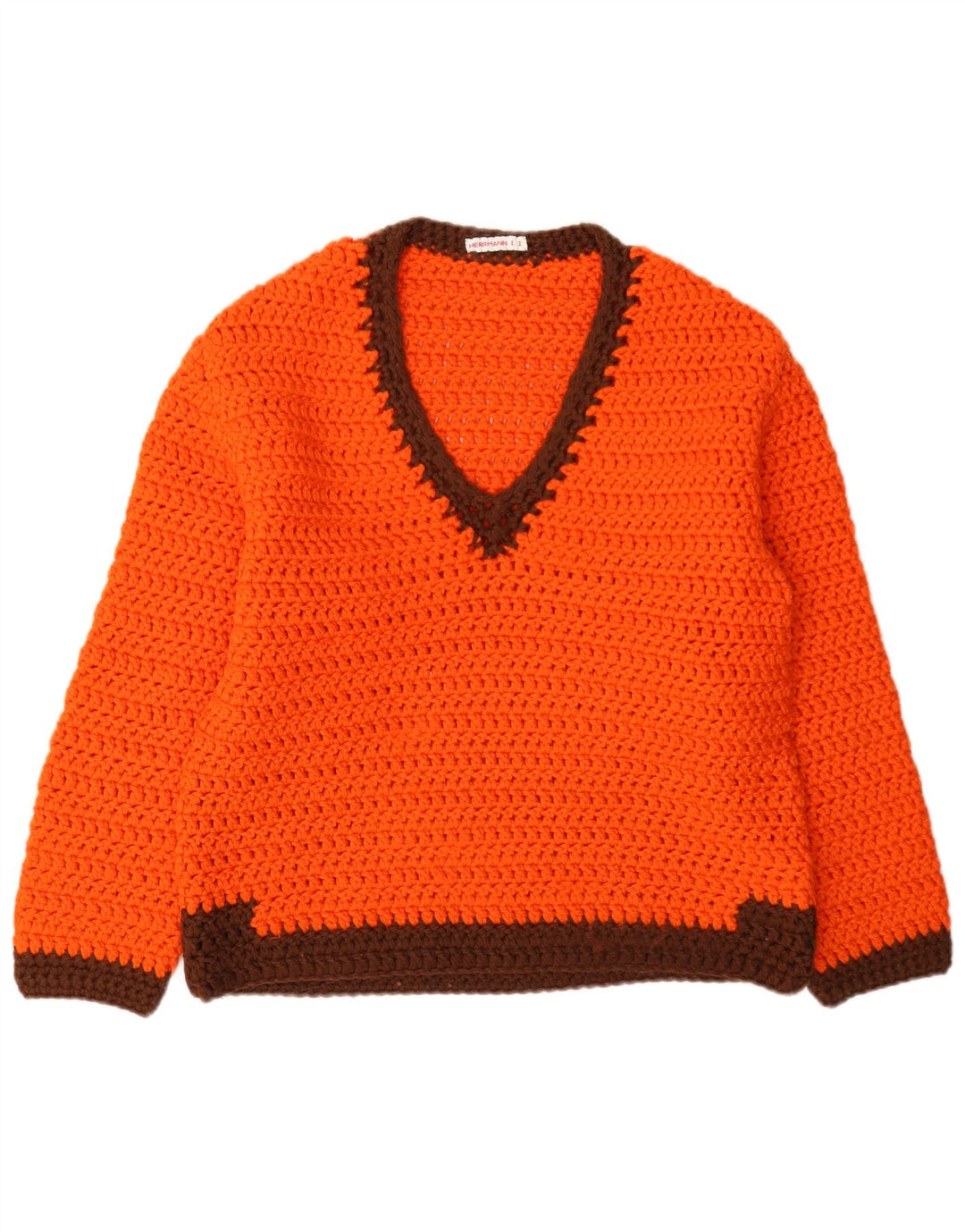 Vintage Womens V-Neck Jumper Sweater UK 12 Medium Orange Colourblock