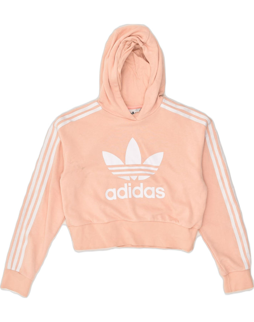 ADIDAS Girls Crop Graphic Hoodie Jumper 12-13 Years Beige Cotton | Vintage Adidas | Thrift | Second-Hand Adidas | Used Clothing | Messina Hembry 