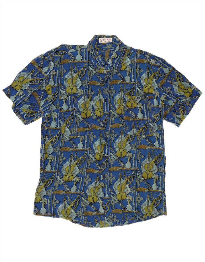 VINTAGE Mens Abstract Pattern Short Sleeve Shirt Large Blue Silk