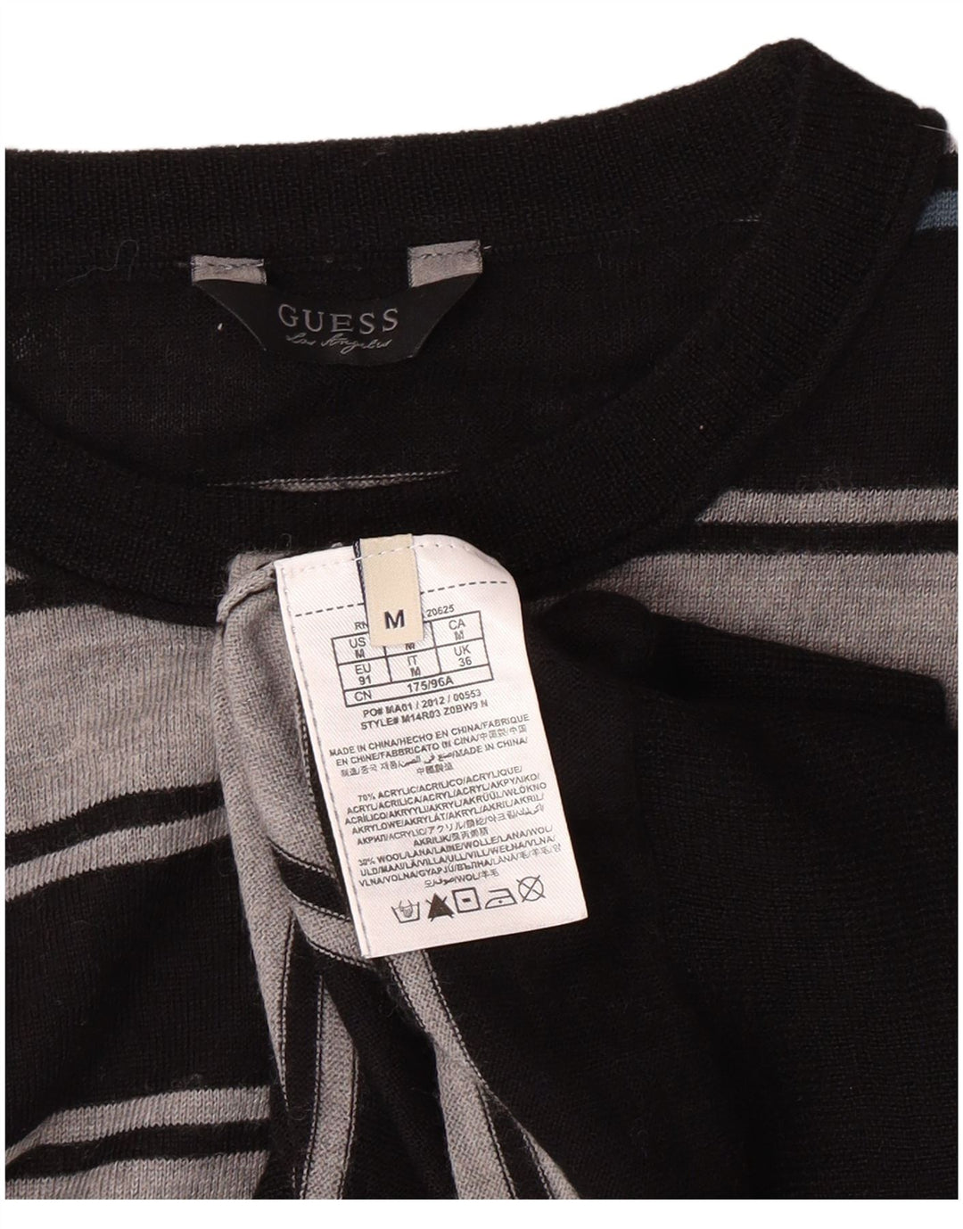 GUESS Mens Crew Neck Jumper Sweater Medium Black Striped Acrylic