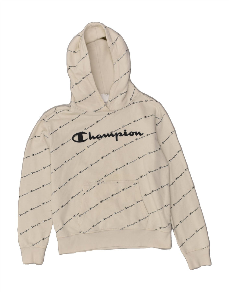 CHAMPION Boys Graphic Hoodie Jumper 11-12 Years Large  Off White Cotton | Vintage Champion | Thrift | Second-Hand Champion | Used Clothing | Messina Hembry 