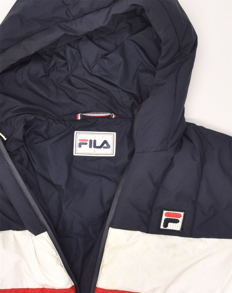 FILA Mens Hooded Padded Jacket UK 36 Small Navy Blue Colourblock Polyester | Vintage Fila | Thrift | Second-Hand Fila | Used Clothing | Messina Hembry 