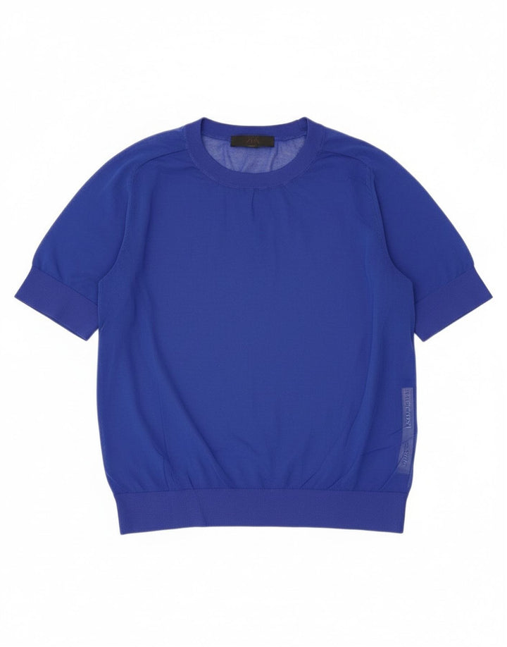Zara Womens See Through Top UK 14 Large Blue Cotton
