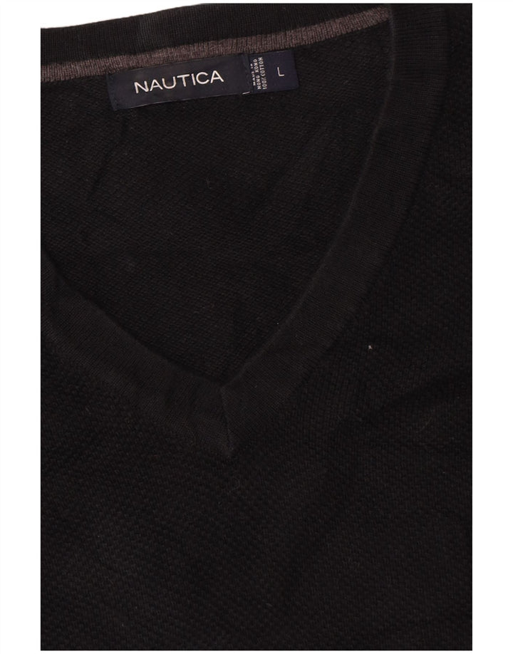 Nautica Mens V-Neck Jumper Sweater Large Black Cotton