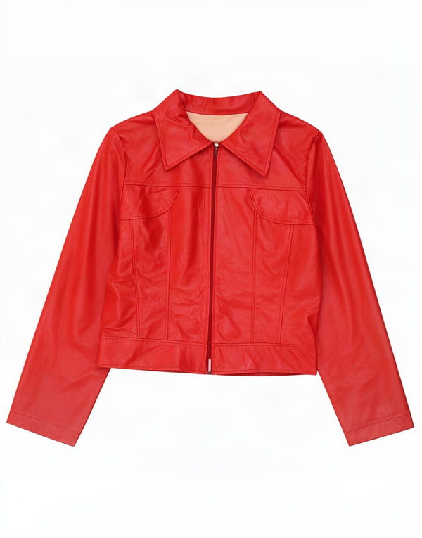 Vintage Womens Crop Faux Leather Bomber Jacket UK 12 Medium Red Polyester