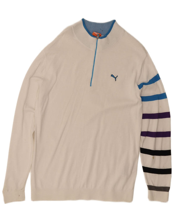 Puma Mens Zip Neck Jumper Sweater Large White Striped Cotton