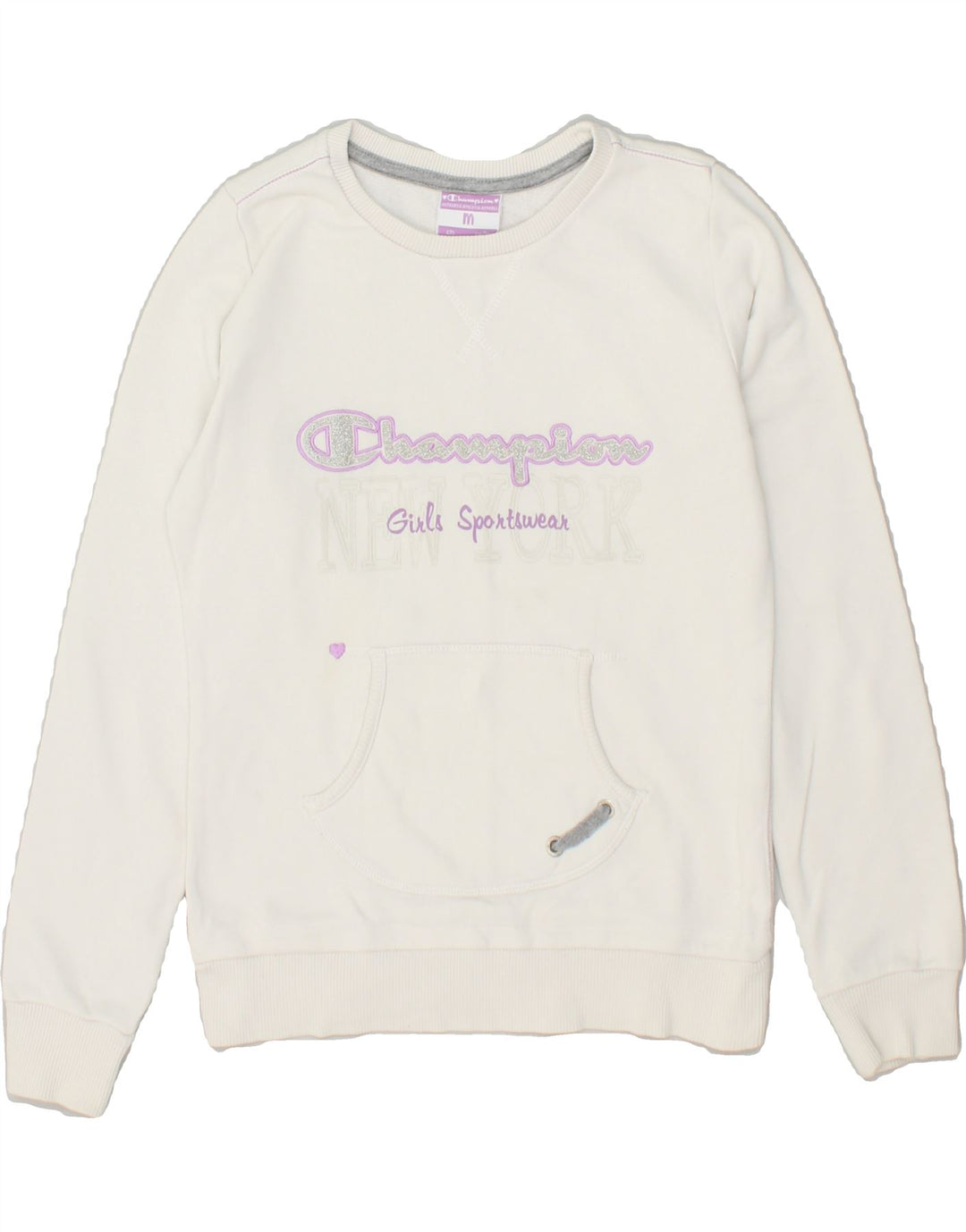 CHAMPION Girls Graphic Sweatshirt Jumper 9-10 Years Medium  White Cotton | Vintage Champion | Thrift | Second-Hand Champion | Used Clothing | Messina Hembry 