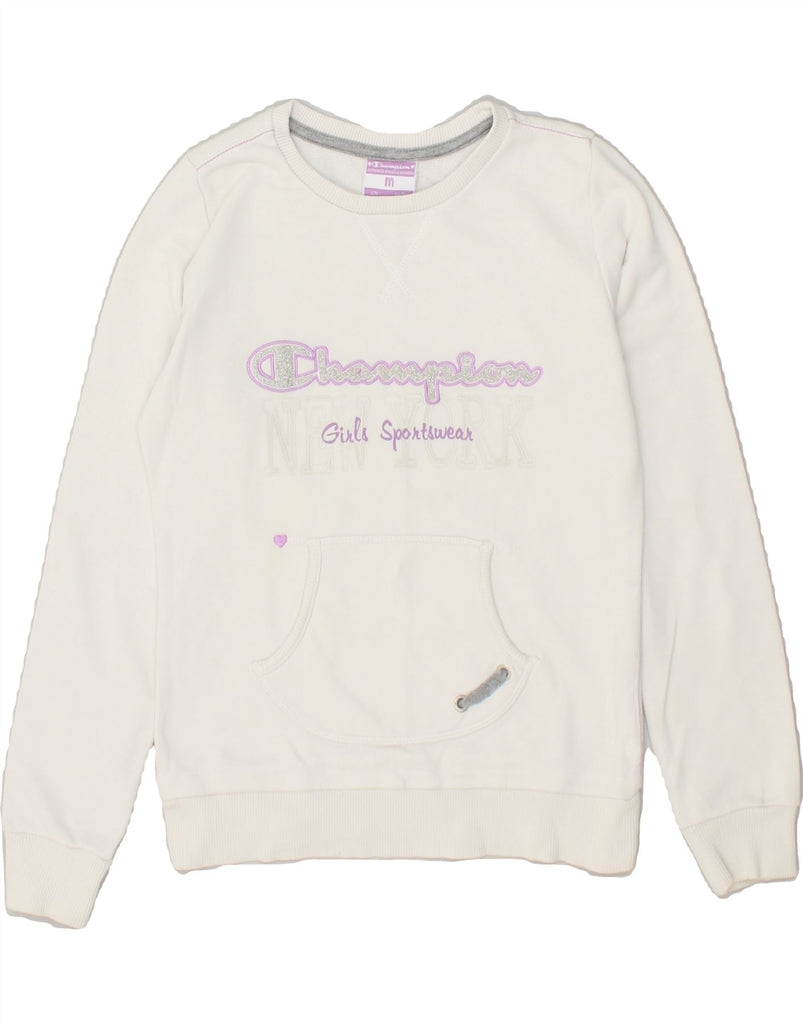 CHAMPION Girls Graphic Sweatshirt Jumper 9-10 Years Medium  White Cotton | Vintage Champion | Thrift | Second-Hand Champion | Used Clothing | Messina Hembry 
